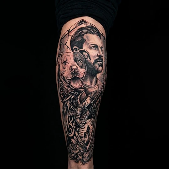 tatuagem sombreada na panturilha - homenagem ao cachorro do cliente
